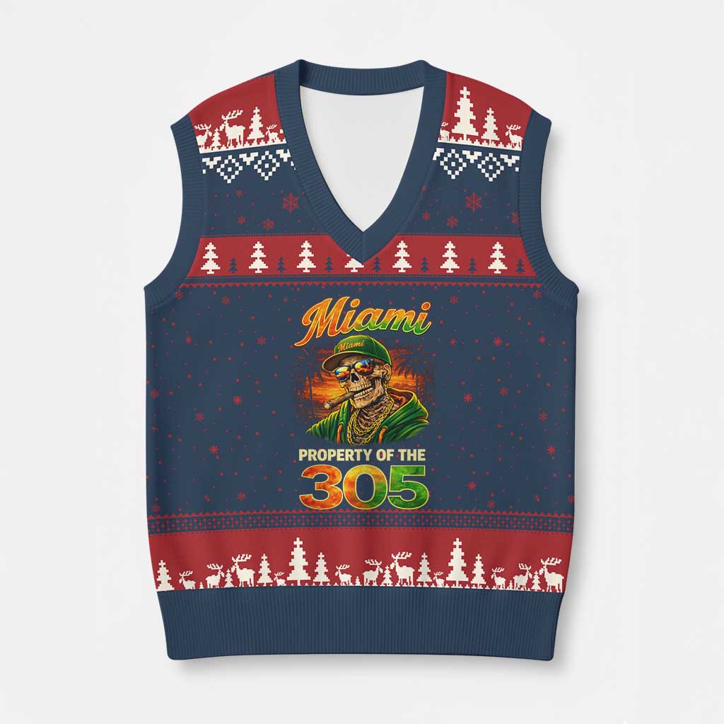 Miami Property of the 305 Skeleton Graphic V-Neck Knit Sweater Vest Street King with Sunset Florida Swag