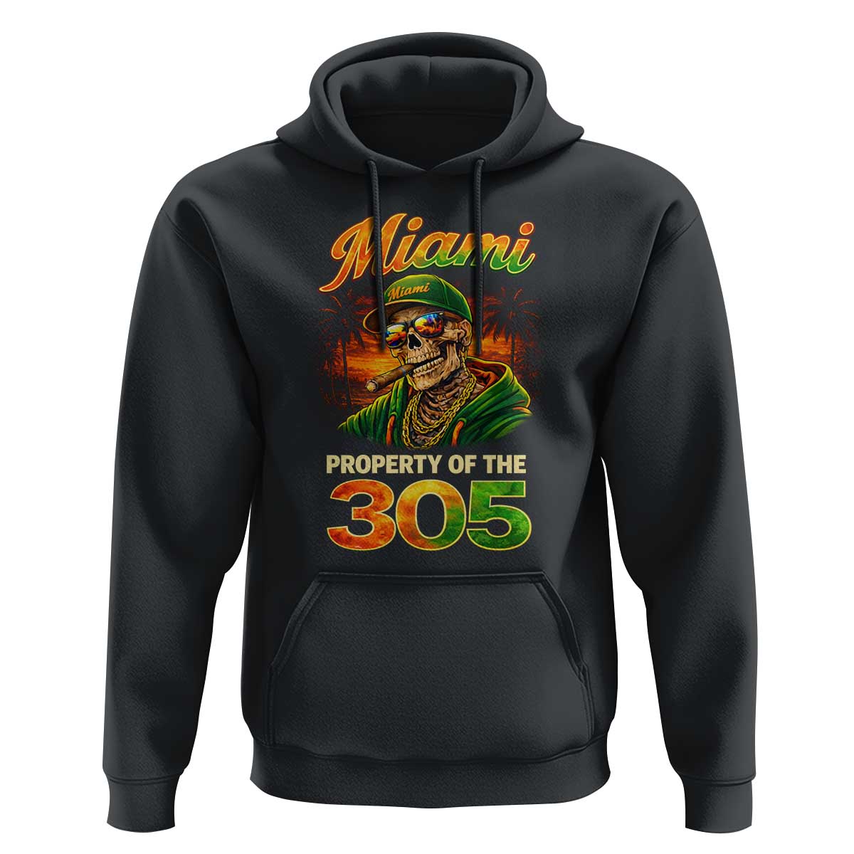Miami Property of the 305 Skeleton Graphic Hoodie Street King with Sunset Florida Swag
