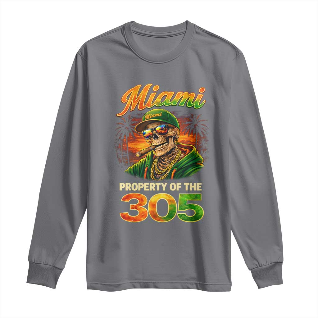 Miami Property of the 305 Skeleton Graphic Long Sleeve Shirt Street King with Sunset Florida Swag