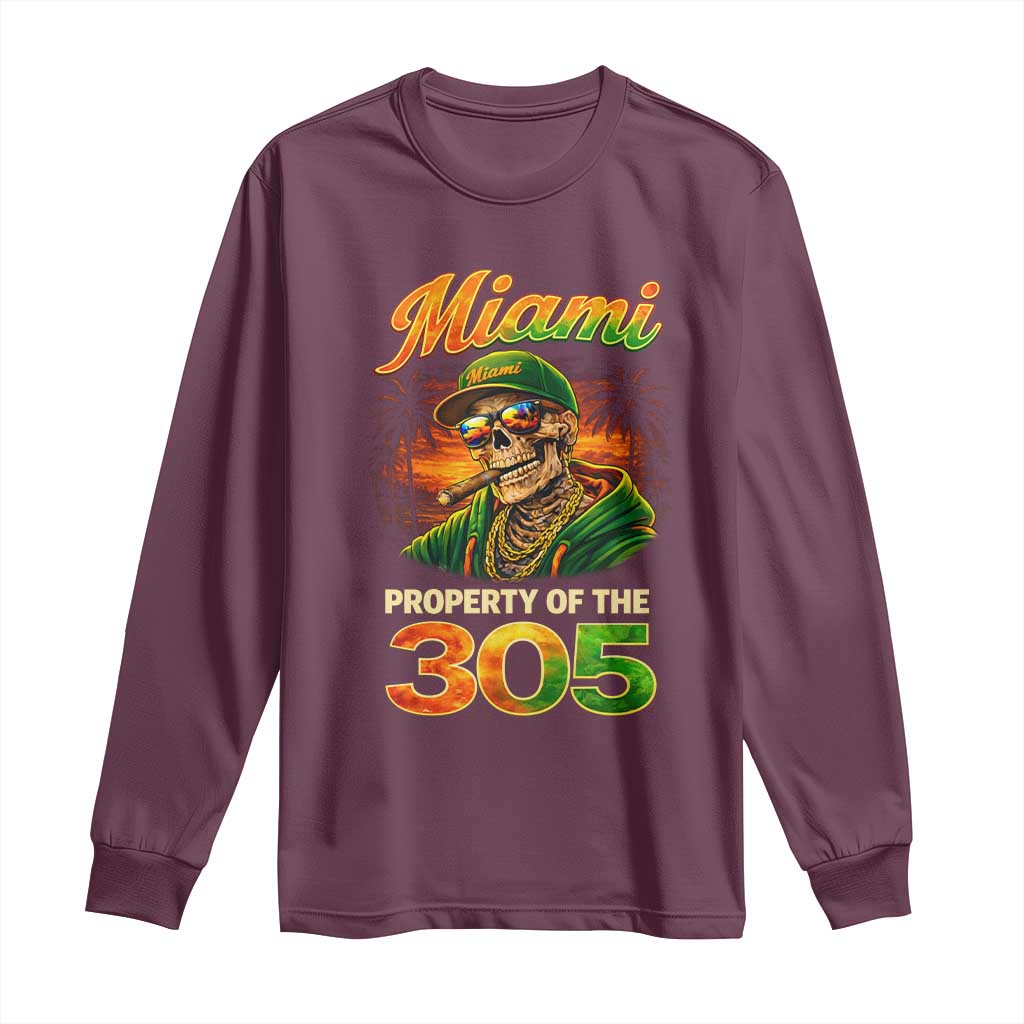 Miami Property of the 305 Skeleton Graphic Long Sleeve Shirt Street King with Sunset Florida Swag