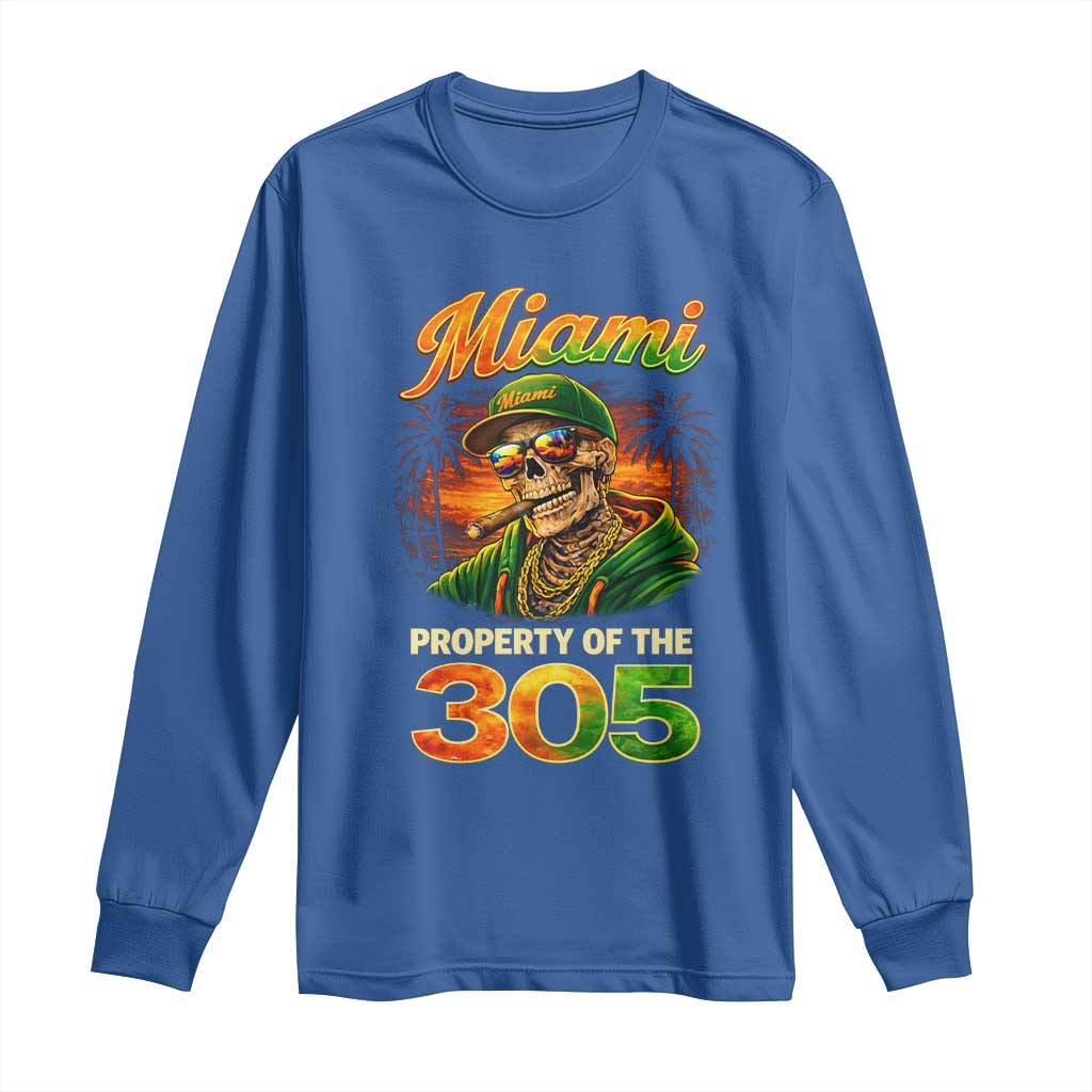 Miami Property of the 305 Skeleton Graphic Long Sleeve Shirt Street King with Sunset Florida Swag
