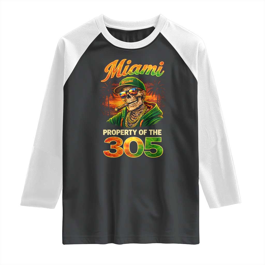Miami Property of the 305 Skeleton Graphic Raglan Shirt Street King with Sunset Florida Swag