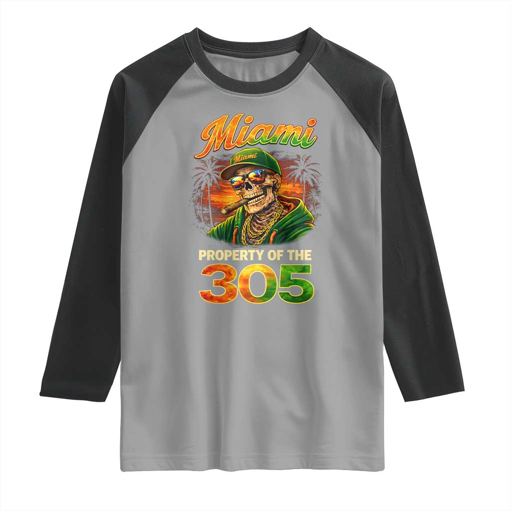 Miami Property of the 305 Skeleton Graphic Raglan Shirt Street King with Sunset Florida Swag