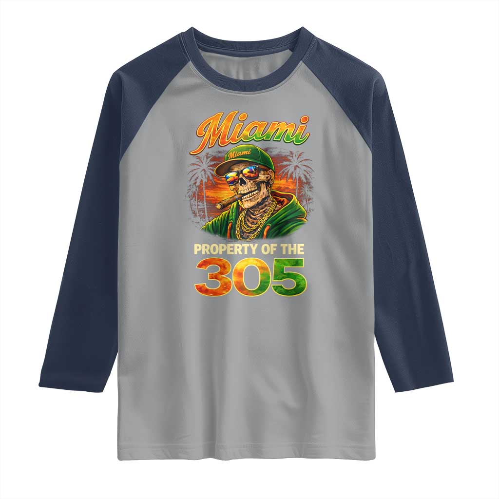 Miami Property of the 305 Skeleton Graphic Raglan Shirt Street King with Sunset Florida Swag