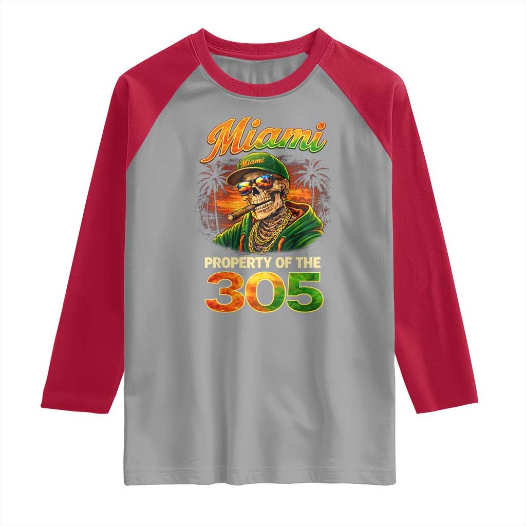 Miami Property of the 305 Skeleton Graphic Raglan Shirt Street King with Sunset Florida Swag