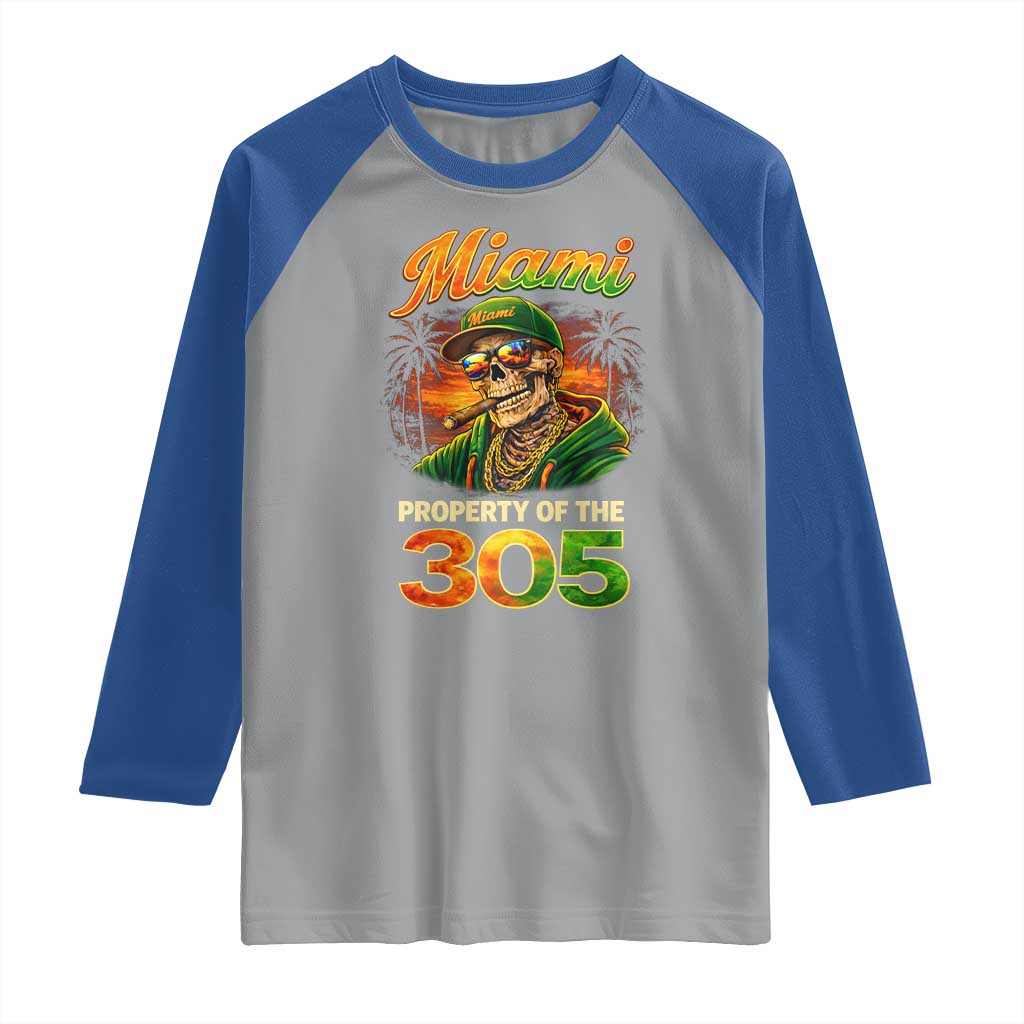 Miami Property of the 305 Skeleton Graphic Raglan Shirt Street King with Sunset Florida Swag