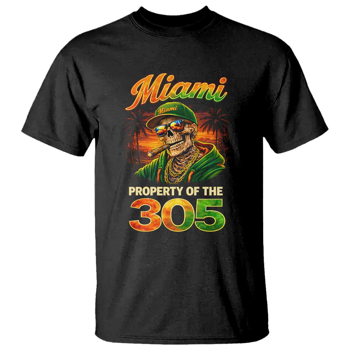 Miami Property of the 305 Skeleton Graphic T Shirt Street King with Sunset Florida Swag
