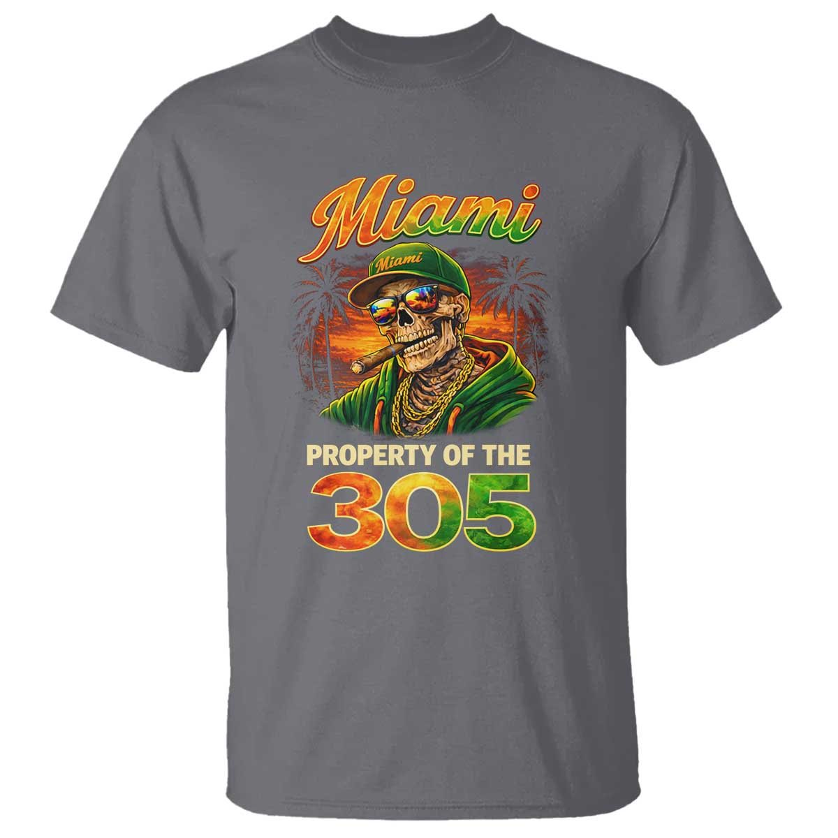 Miami Property of the 305 Skeleton Graphic T Shirt Street King with Sunset Florida Swag
