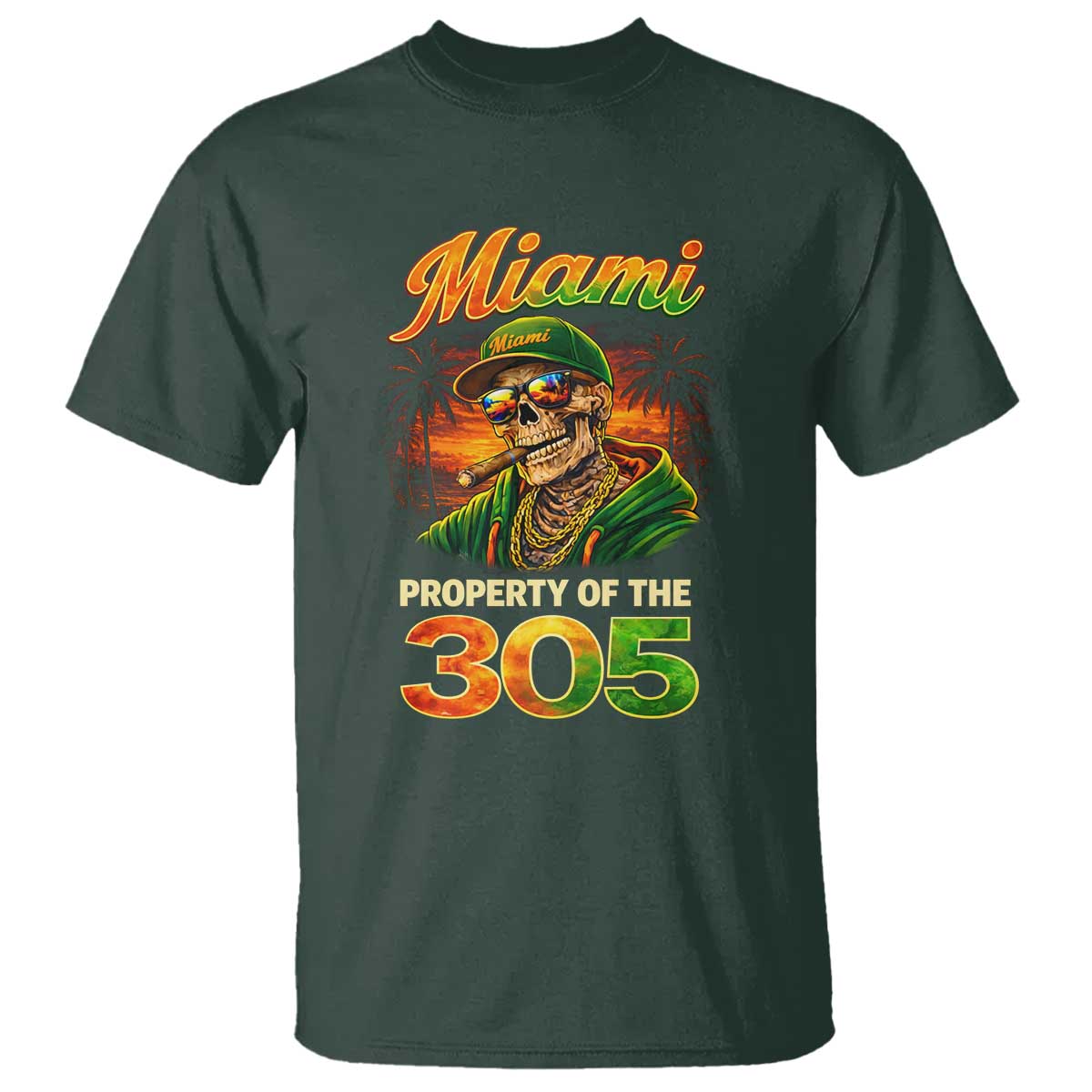 Miami Property of the 305 Skeleton Graphic T Shirt Street King with Sunset Florida Swag