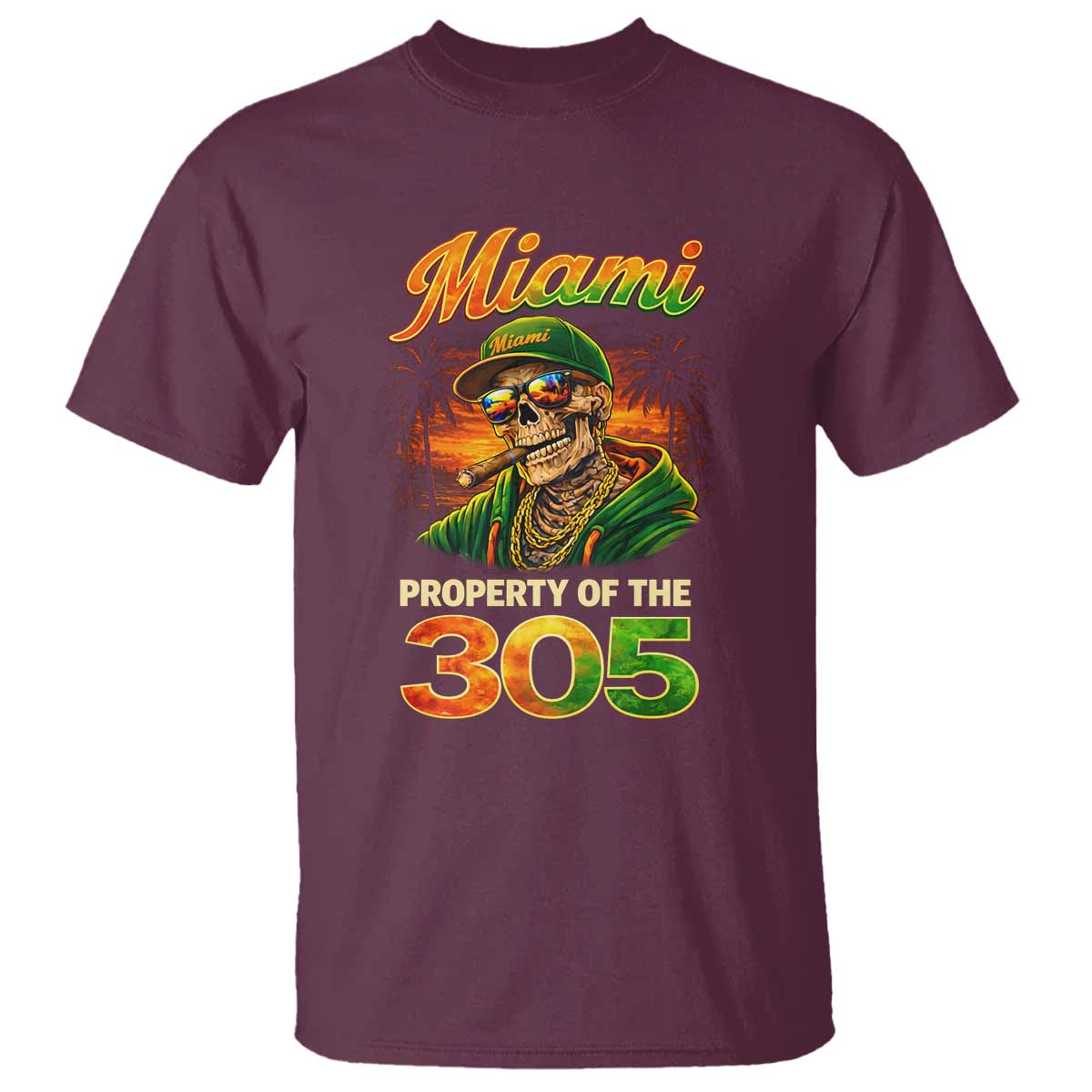 Miami Property of the 305 Skeleton Graphic T Shirt Street King with Sunset Florida Swag