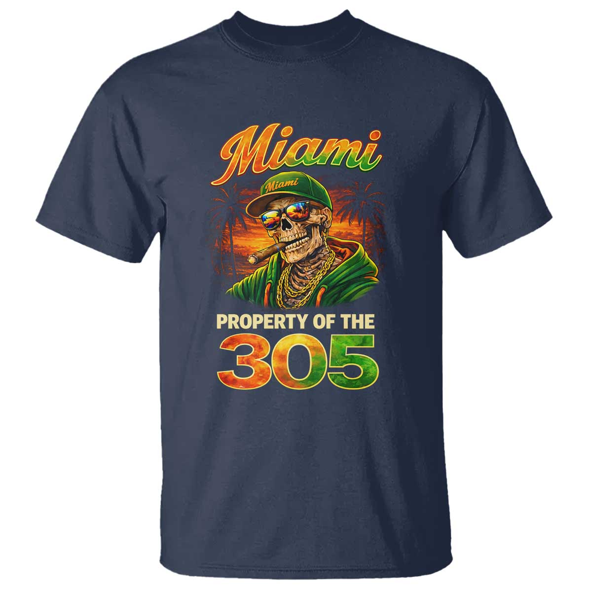 Miami Property of the 305 Skeleton Graphic T Shirt Street King with Sunset Florida Swag