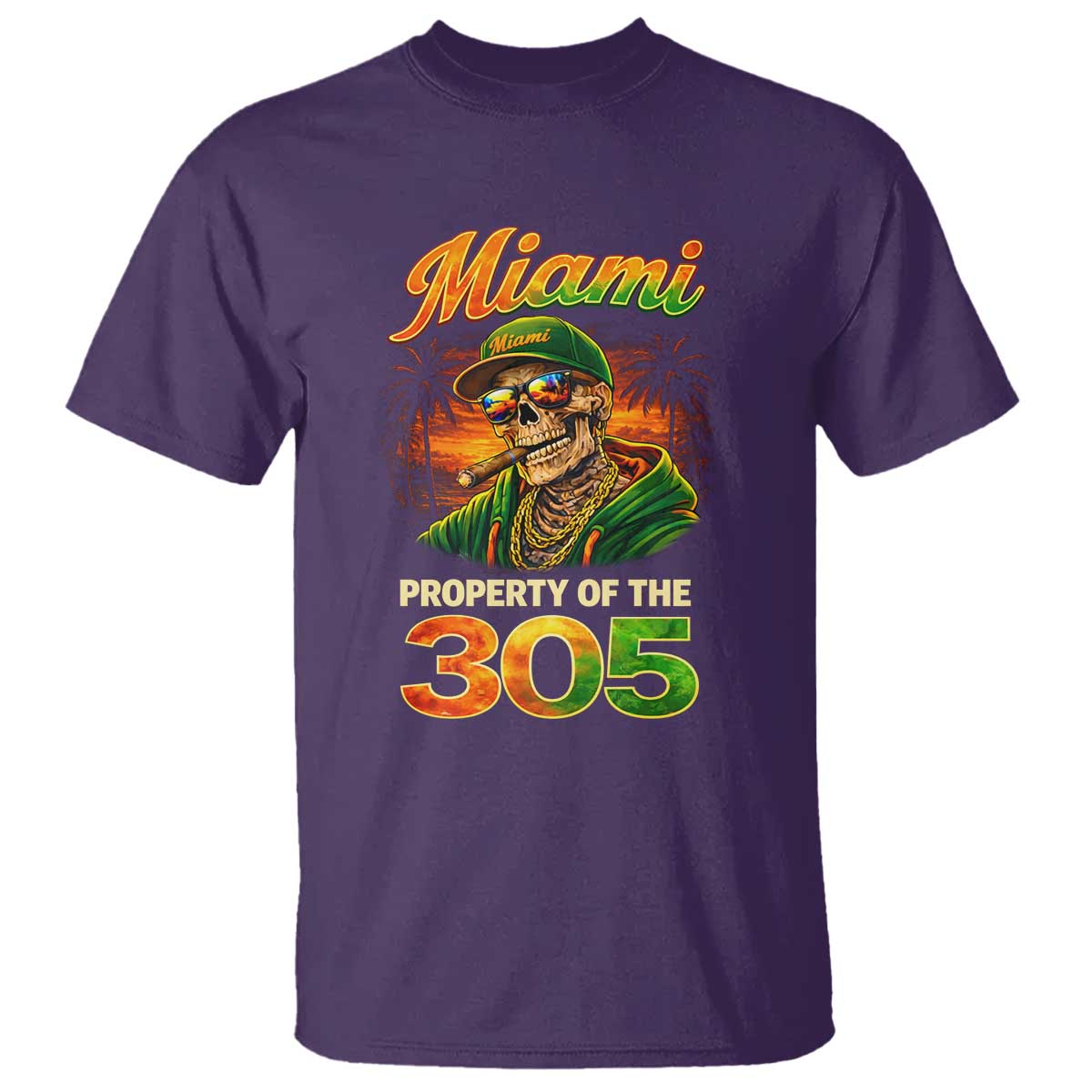 Miami Property of the 305 Skeleton Graphic T Shirt Street King with Sunset Florida Swag