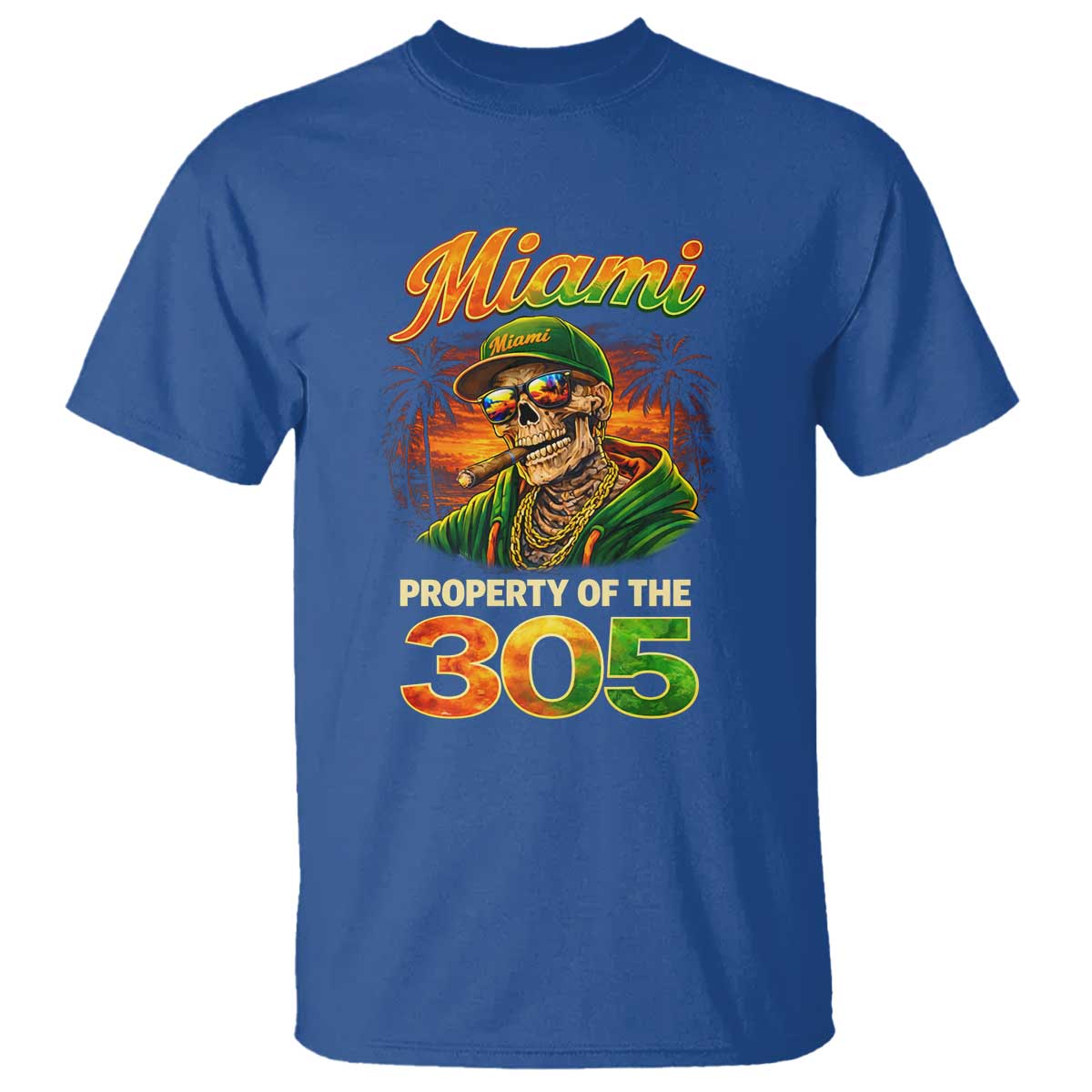 Miami Property of the 305 Skeleton Graphic T Shirt Street King with Sunset Florida Swag