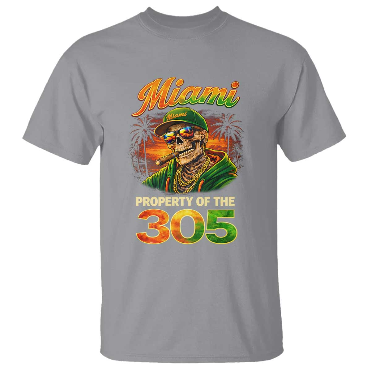 Miami Property of the 305 Skeleton Graphic T Shirt Street King with Sunset Florida Swag