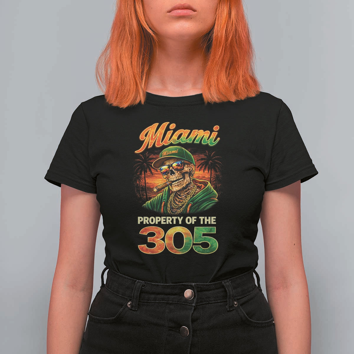 Miami Property of the 305 Skeleton Graphic T Shirt For Women Street King with Sunset Florida Swag