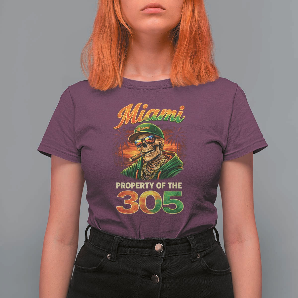 Miami Property of the 305 Skeleton Graphic T Shirt For Women Street King with Sunset Florida Swag