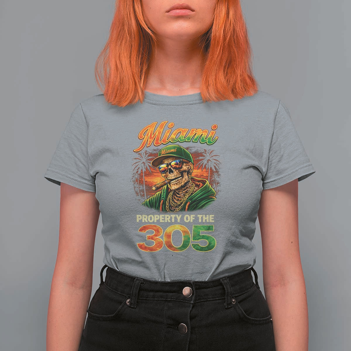 Miami Property of the 305 Skeleton Graphic T Shirt For Women Street King with Sunset Florida Swag