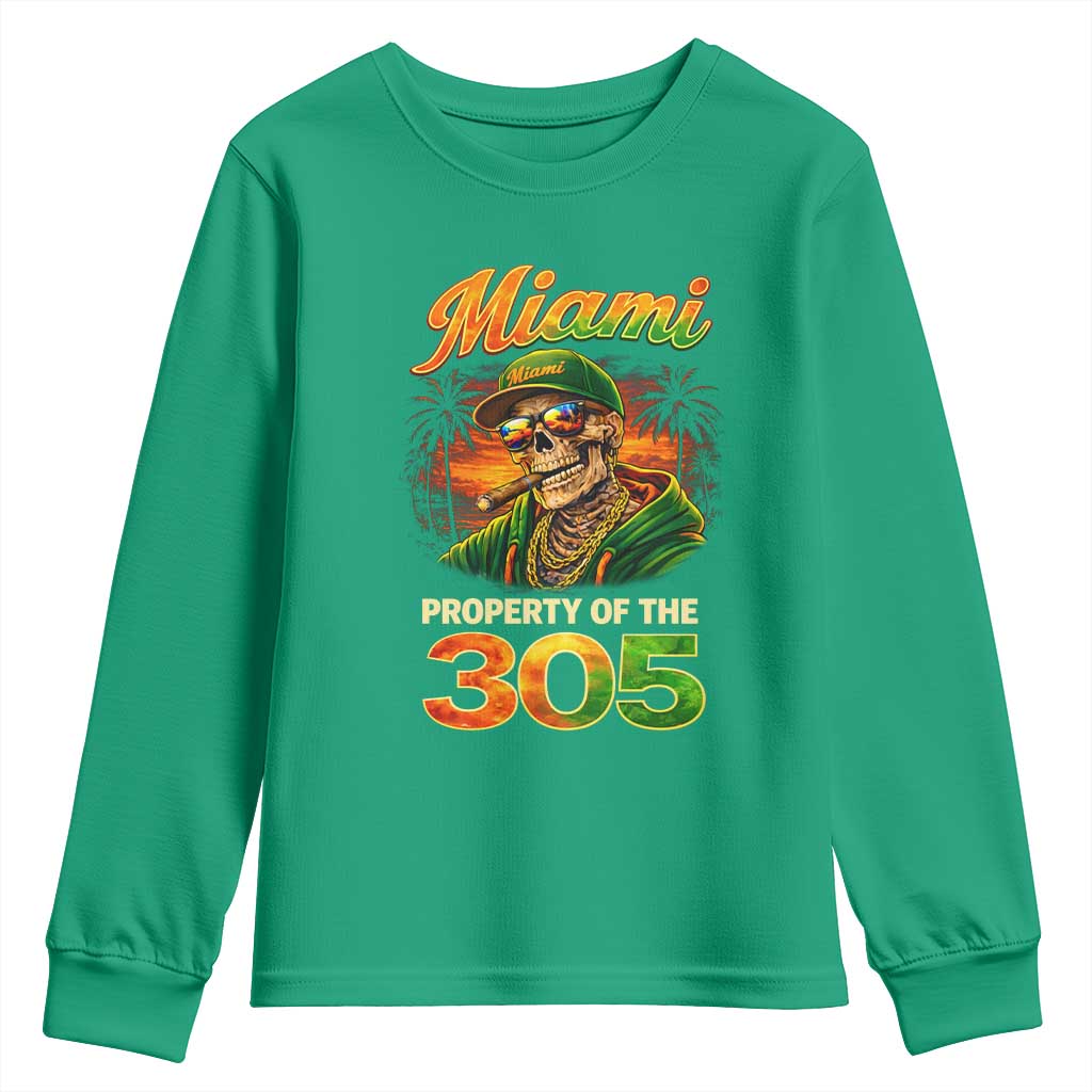 Miami Property of the 305 Skeleton Graphic Youth Sweatshirt Street King with Sunset Florida Swag