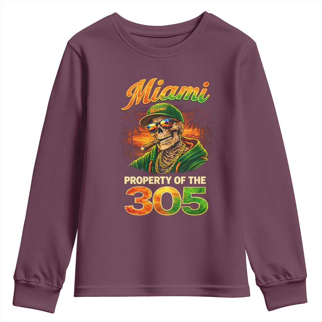 Miami Property of the 305 Skeleton Graphic Youth Sweatshirt Street King with Sunset Florida Swag