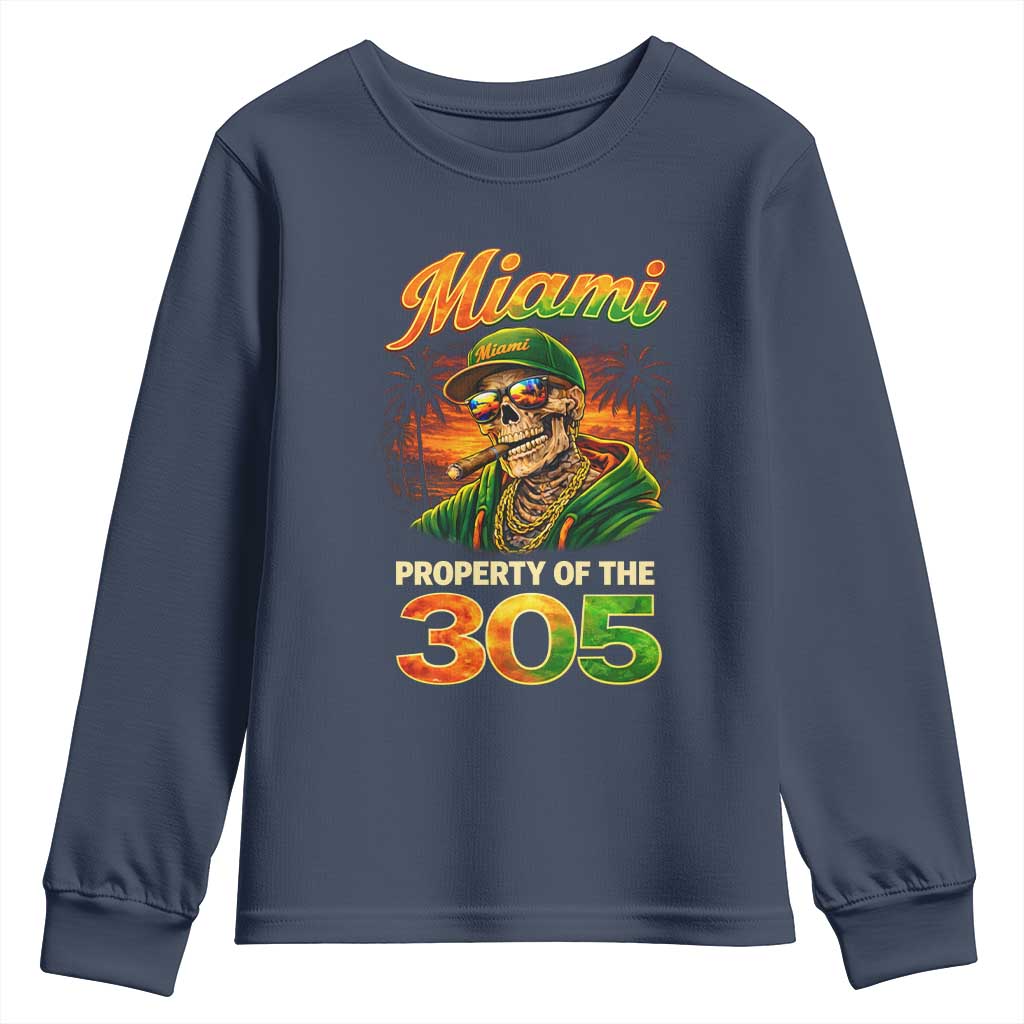 Miami Property of the 305 Skeleton Graphic Youth Sweatshirt Street King with Sunset Florida Swag