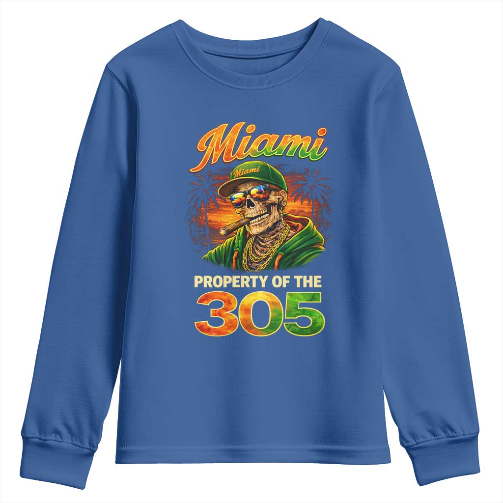 Miami Property of the 305 Skeleton Graphic Youth Sweatshirt Street King with Sunset Florida Swag