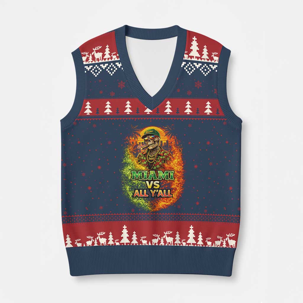 Miami vs All You All 305 Skeleton Flame Graphic V-Neck Knit Sweater Vest Tropical City Pride Florida Love