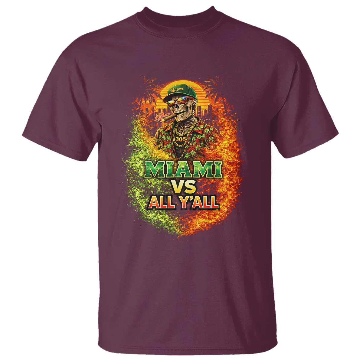 Miami vs All You All 305 Skeleton Flame Graphic T Shirt Tropical City Pride Florida Love