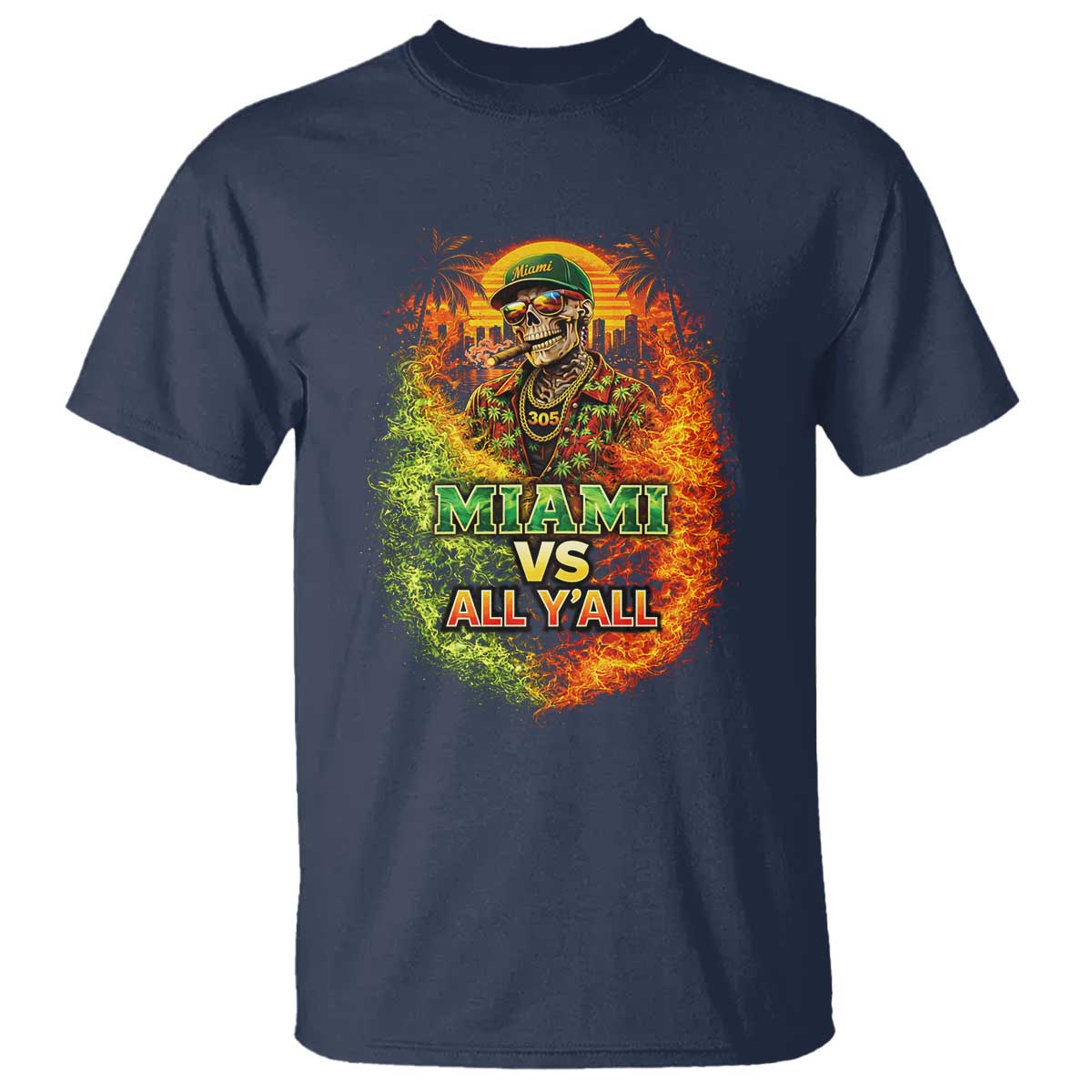 Miami vs All You All 305 Skeleton Flame Graphic T Shirt Tropical City Pride Florida Love
