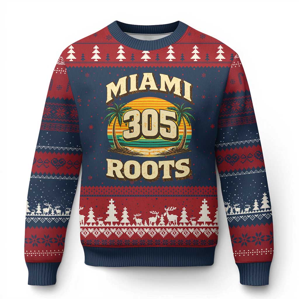 Vintage Miami 305 Roots Ugly Christmas Sweater Retro Sunset Palm Trees Florida Natives