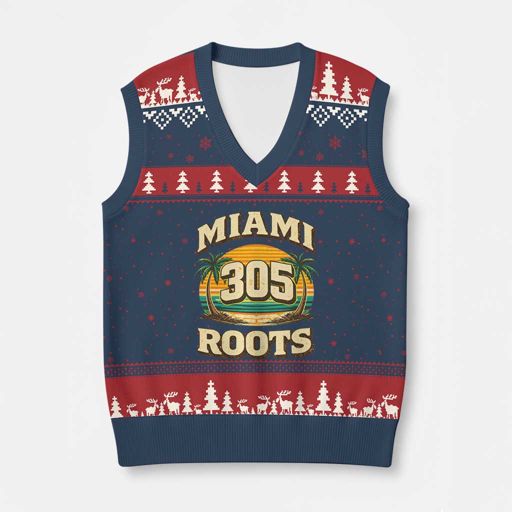 Vintage Miami 305 Roots V-Neck Knit Sweater Vest Retro Sunset Palm Trees Florida Natives