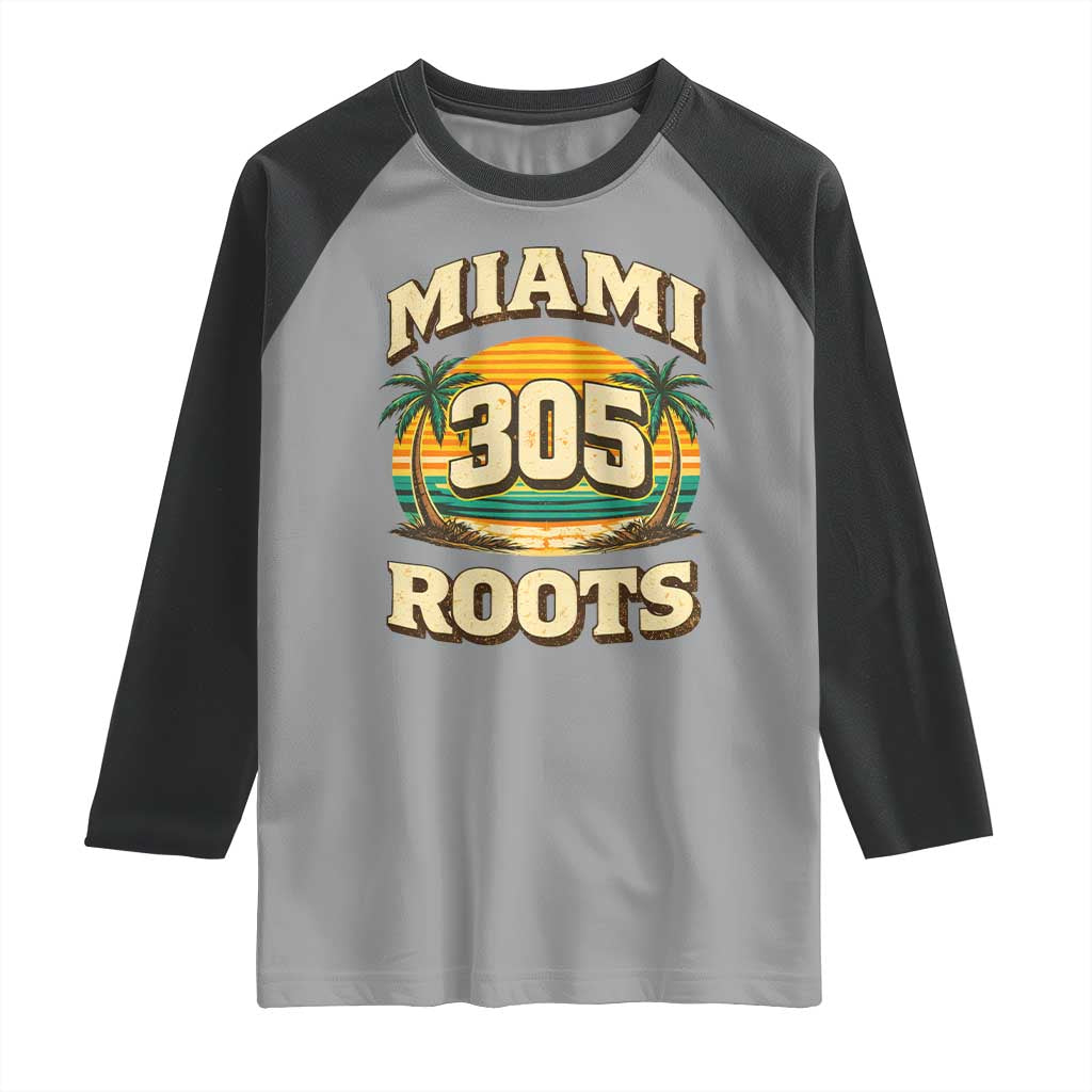 Vintage Miami 305 Roots Raglan Shirt Retro Sunset Palm Trees Florida Natives