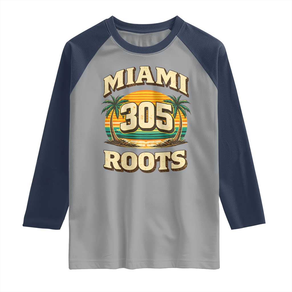 Vintage Miami 305 Roots Raglan Shirt Retro Sunset Palm Trees Florida Natives