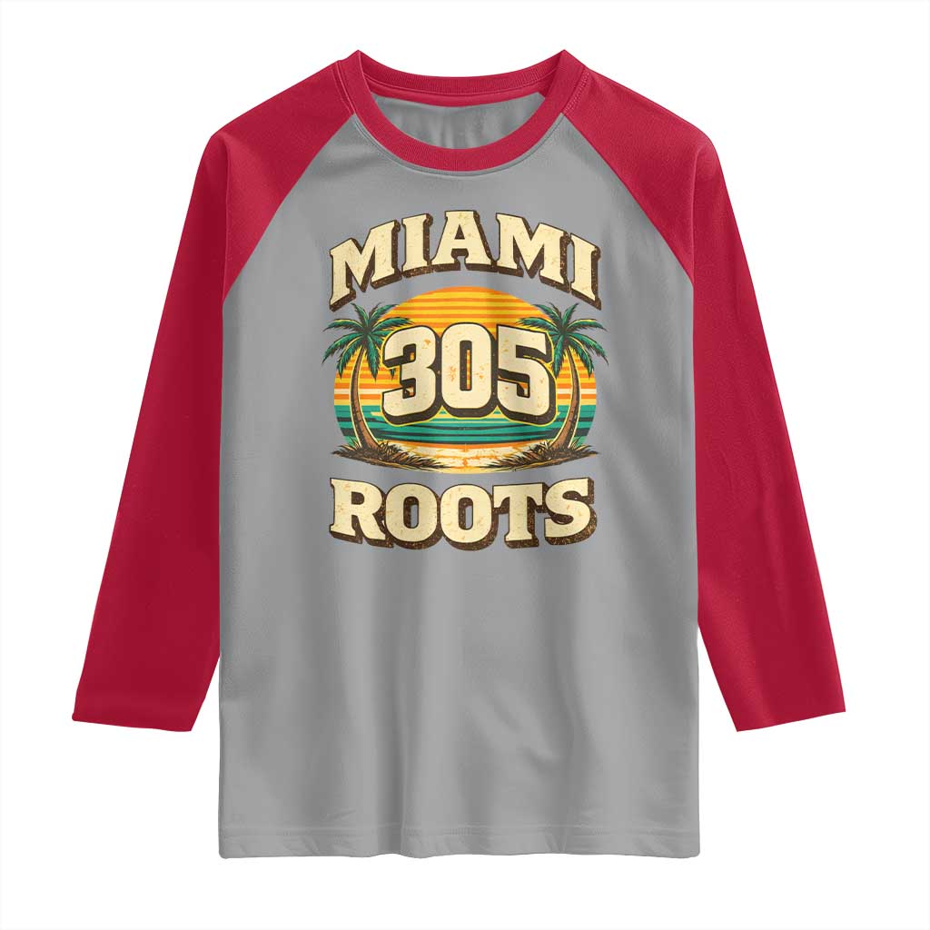 Vintage Miami 305 Roots Raglan Shirt Retro Sunset Palm Trees Florida Natives