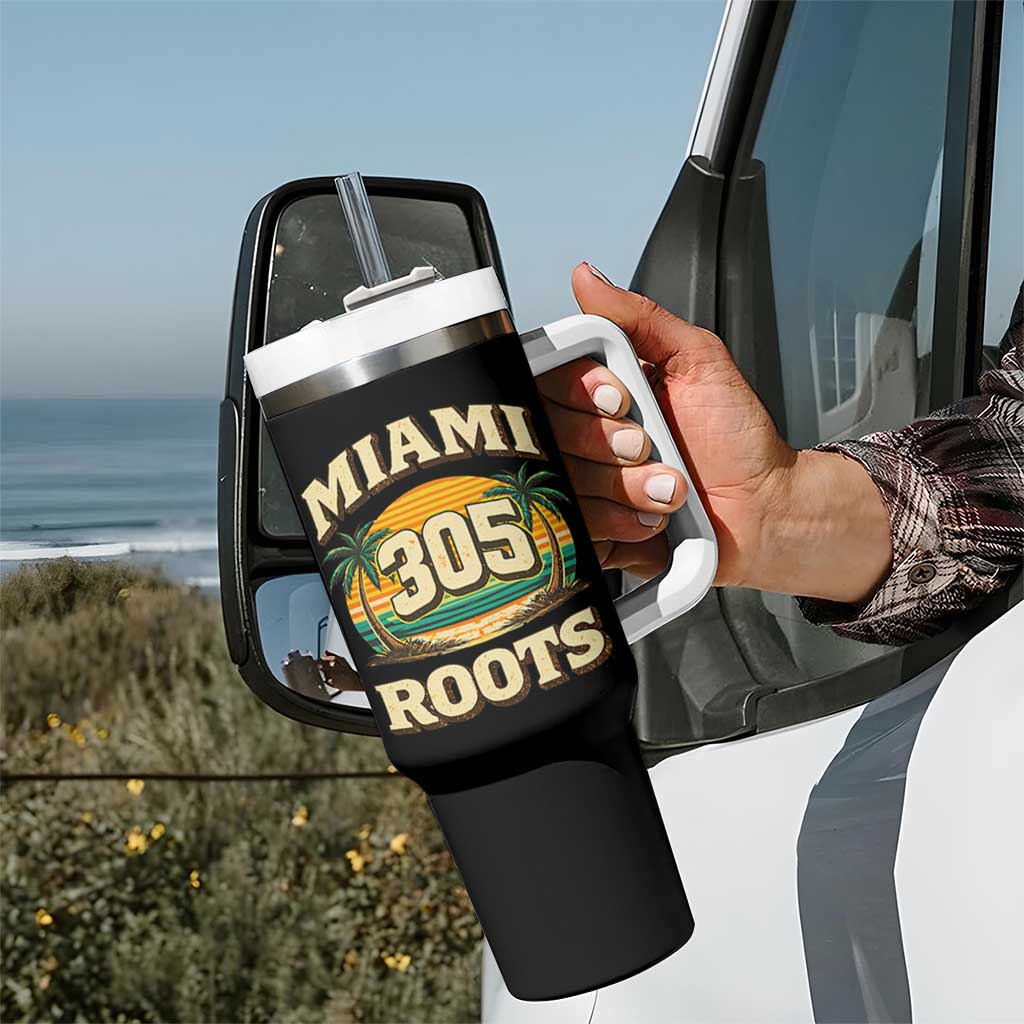 Vintage Miami 305 Roots Tumbler With Handle Retro Sunset Palm Trees Florida Natives