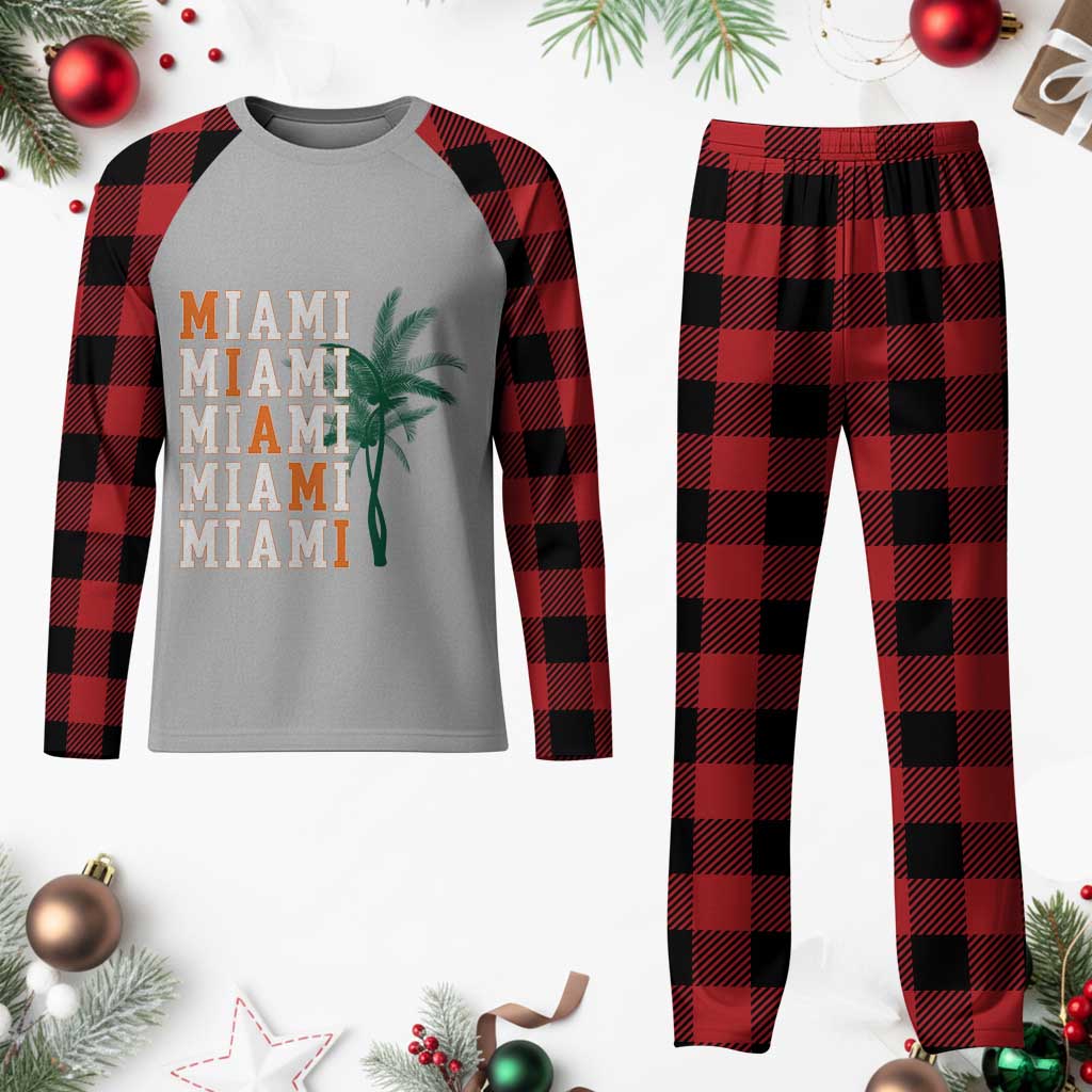 Miami Pride Palm Tree Graphic Plaid Pajama Set Orange and Green Tropical City Vibes