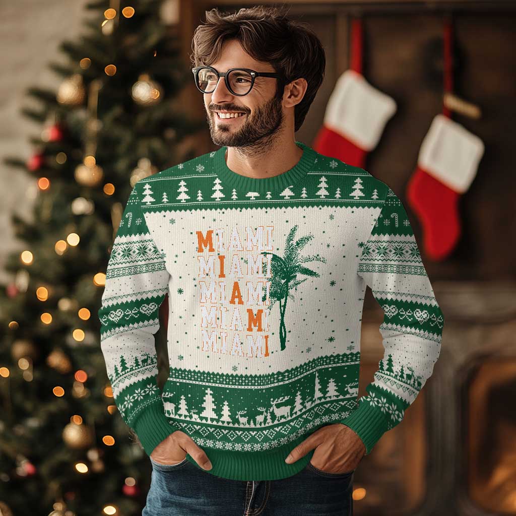 Miami Pride Palm Tree Graphic Ugly Christmas Sweater Orange and Green Tropical City Vibes