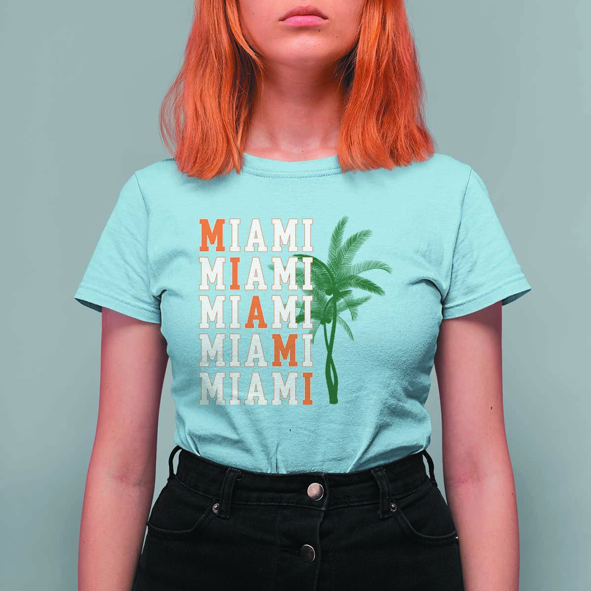 Miami Pride Palm Tree Graphic T Shirt For Women Orange and Green Tropical City Vibes
