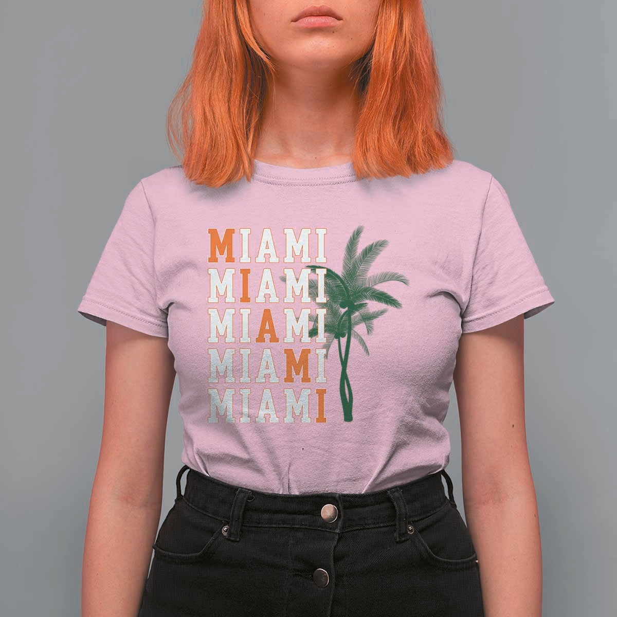 Miami Pride Palm Tree Graphic T Shirt For Women Orange and Green Tropical City Vibes