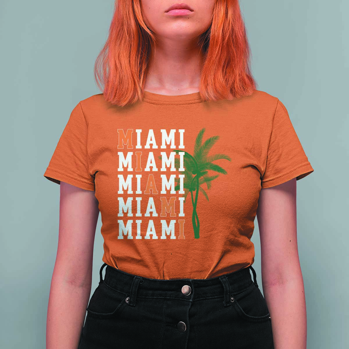 Miami Pride Palm Tree Graphic T Shirt For Women Orange and Green Tropical City Vibes