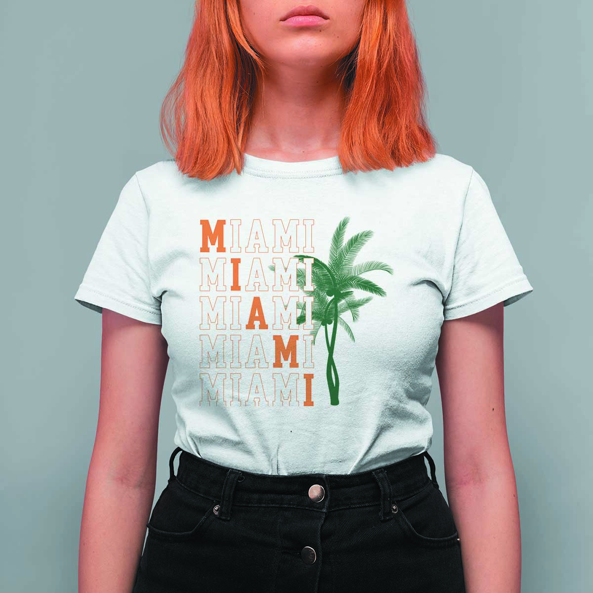 Miami Pride Palm Tree Graphic T Shirt For Women Orange and Green Tropical City Vibes