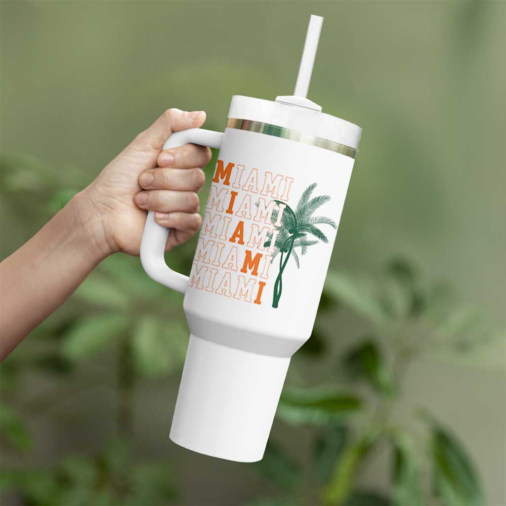 Miami Pride Palm Tree Graphic Tumbler With Handle Orange and Green Tropical City Vibes
