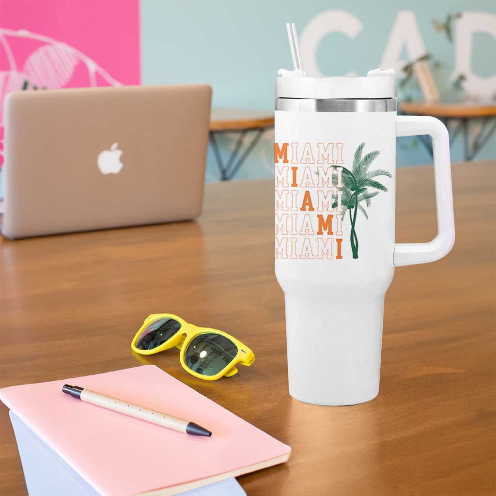 Miami Pride Palm Tree Graphic Tumbler With Handle Orange and Green Tropical City Vibes
