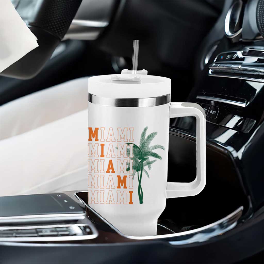 Miami Pride Palm Tree Graphic Tumbler With Handle Orange and Green Tropical City Vibes