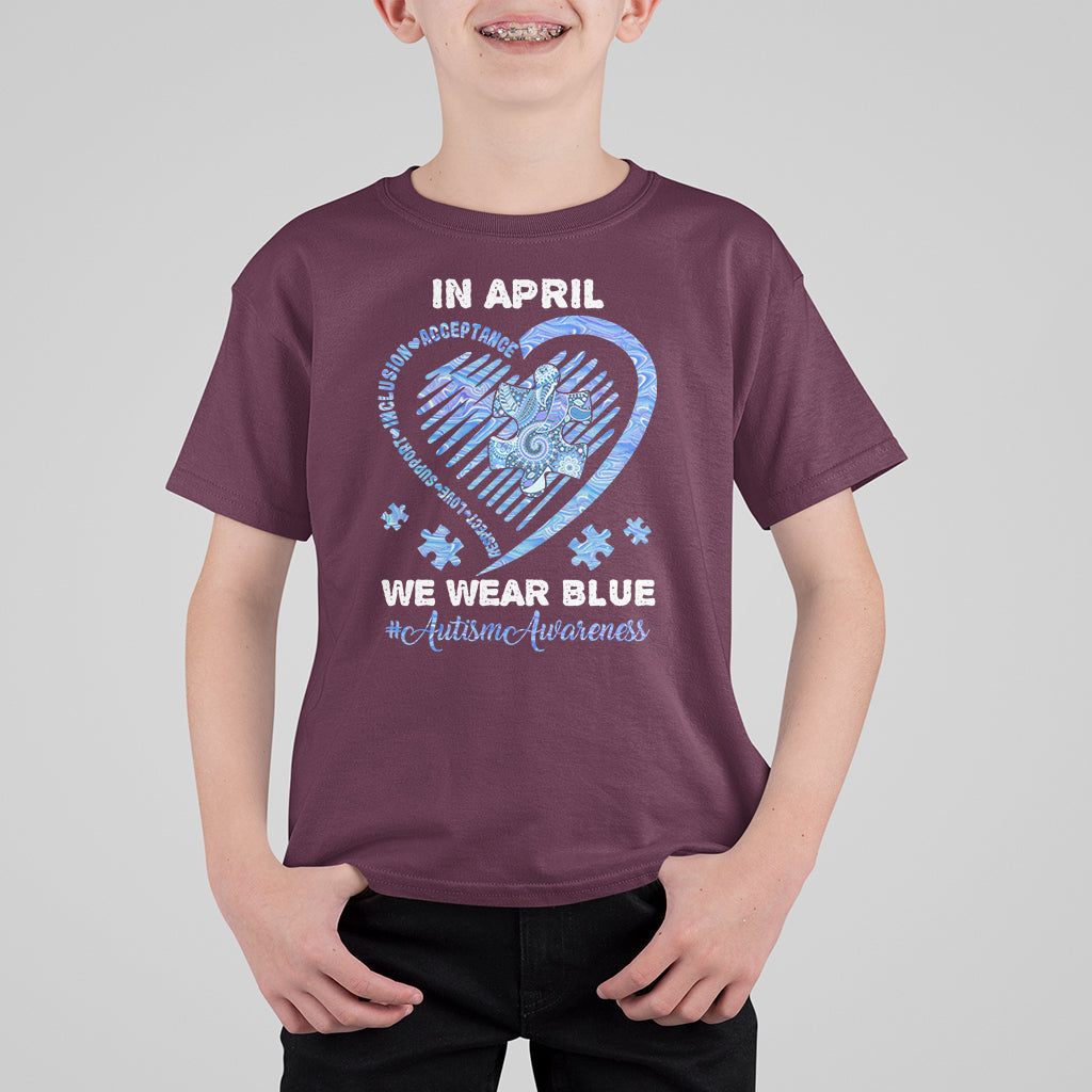 We Wear Blue Autism Awareness Support Be Kind Blue Heart Kid T-Shirt - Wonder Print Shop