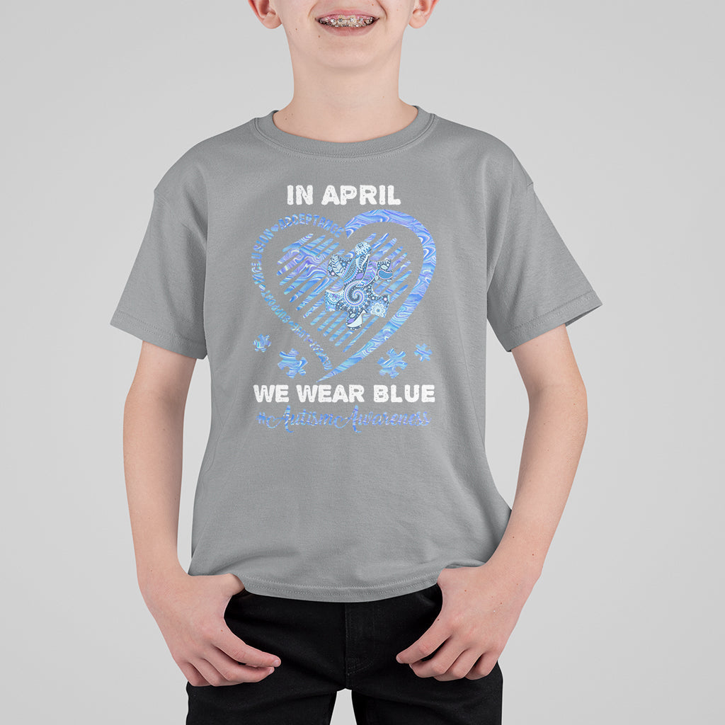 We Wear Blue Autism Awareness Support Be Kind Blue Heart Kid T-Shirt - Wonder Print Shop