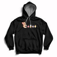 Black Easter bunny eating eggs graphic pullover hoodie with adjustable drawstrings.