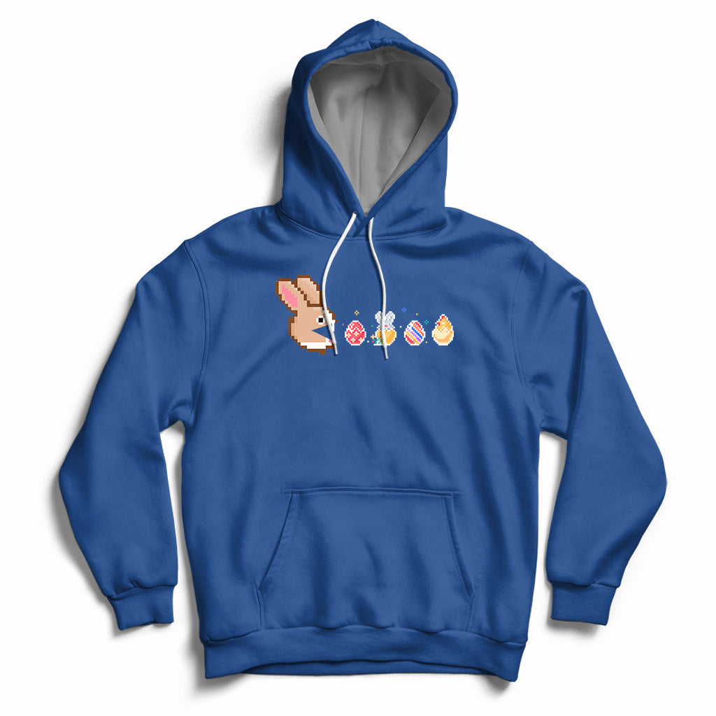 Royal blue Easter bunny and colorful eggs graphic pullover hoodie with front pouch pocket.