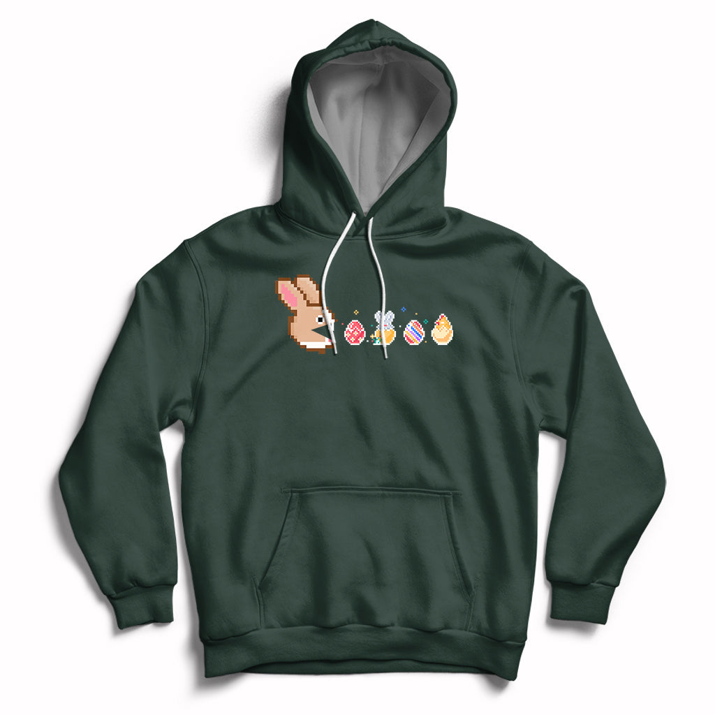 Forest green Easter bunny and colorful eggs graphic pullover hoodie with front pocket.