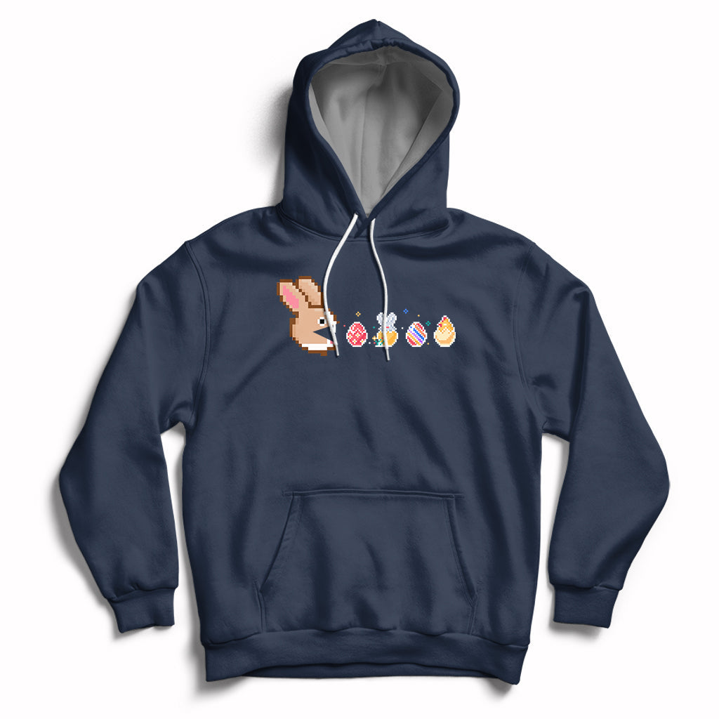 Black Easter bunny and colorful eggs graphic pullover hoodie with front pocket.