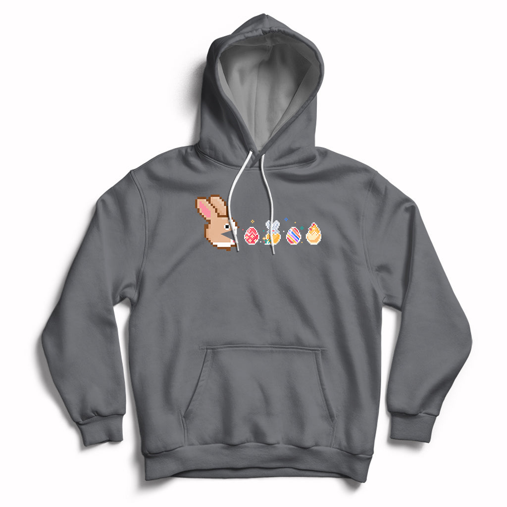 Charcoal gray Easter bunny and colorful eggs graphic pullover hoodie with drawstring hood.
